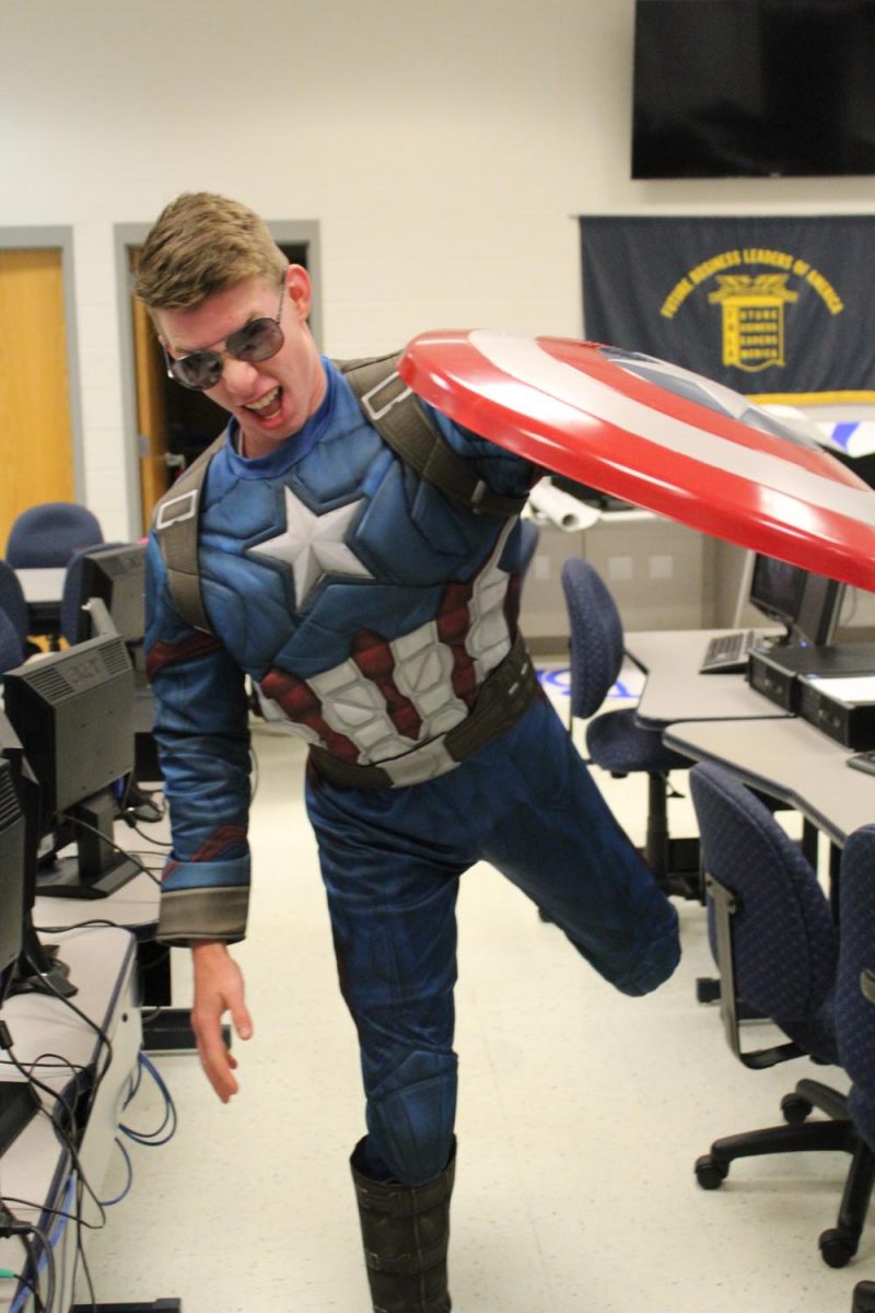 Wyatt Greer, senior, wore his best Captain America suit for superhero vs villain today.